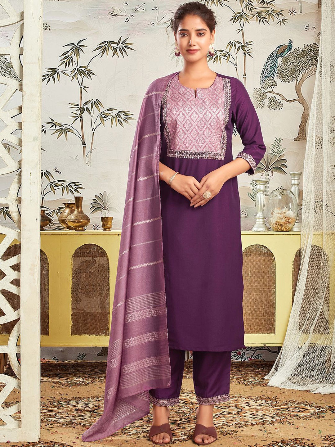 

KALINI Ethnic Motifs Yoke Design Sequinned Straight Kurta with Trousers & Dupatta, Purple