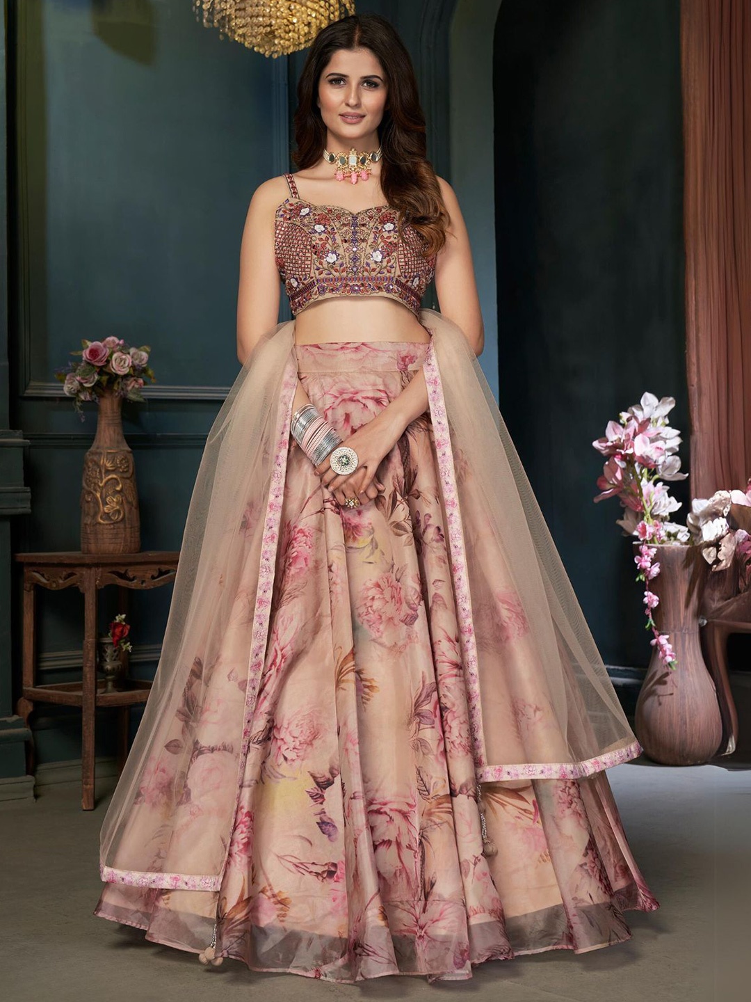 

ODETTE Embroidered Ready to Wear Lehenga & Blouse With Dupatta, Beige