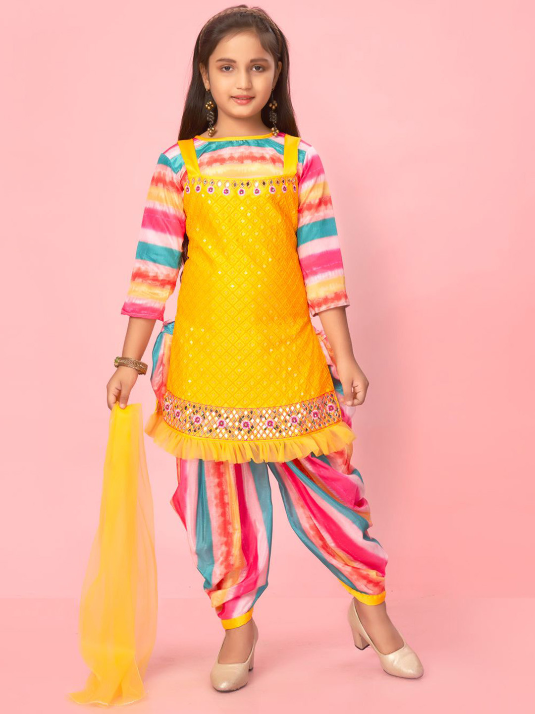 

BAESD Girls Ethnic Motifs Embroidered Mirror Work Pure Silk Kurti With Patiala & Dupatta, Yellow