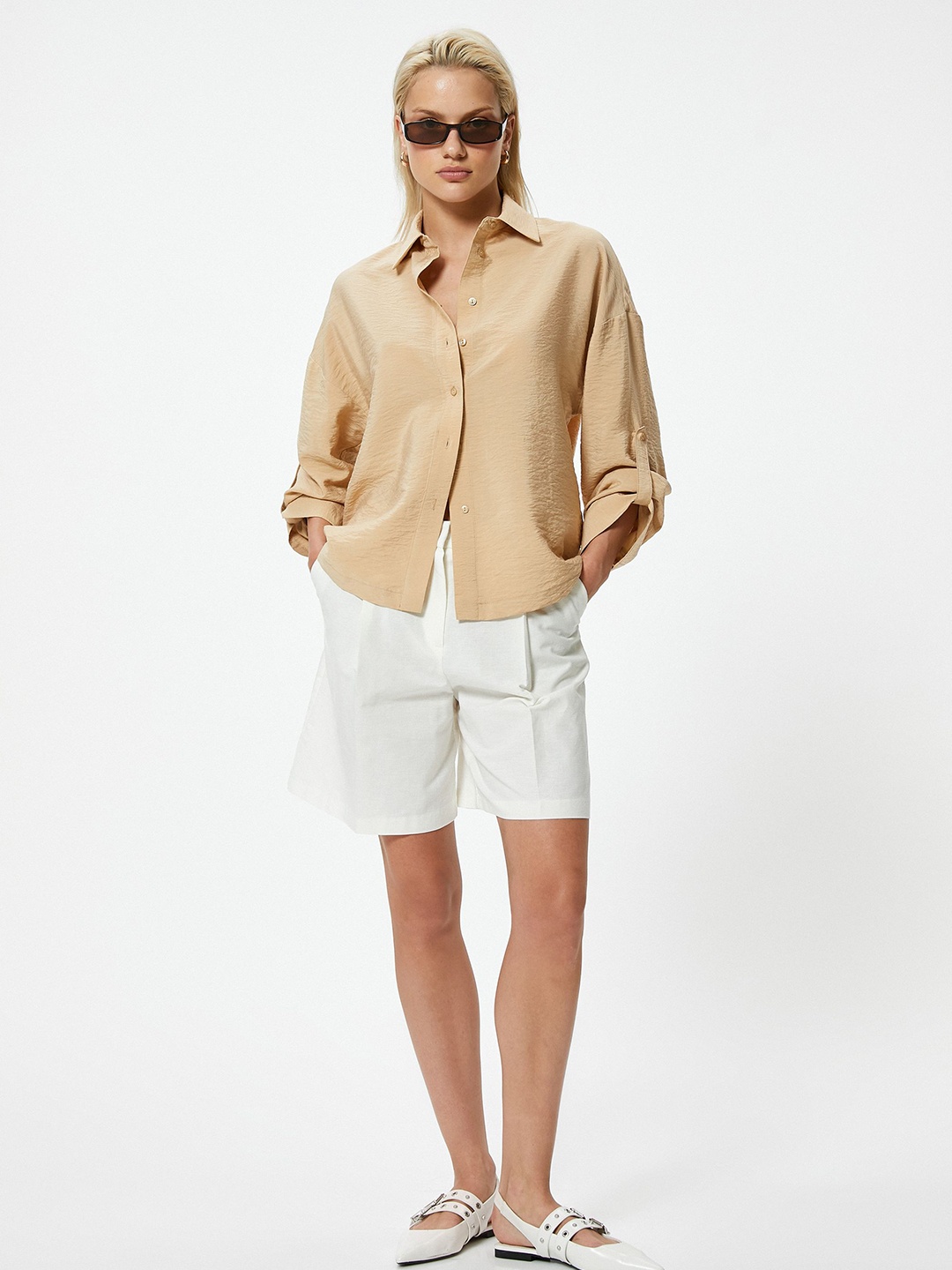 

Koton Women Spread Collar Solid Cotton Casual Shirt, Beige