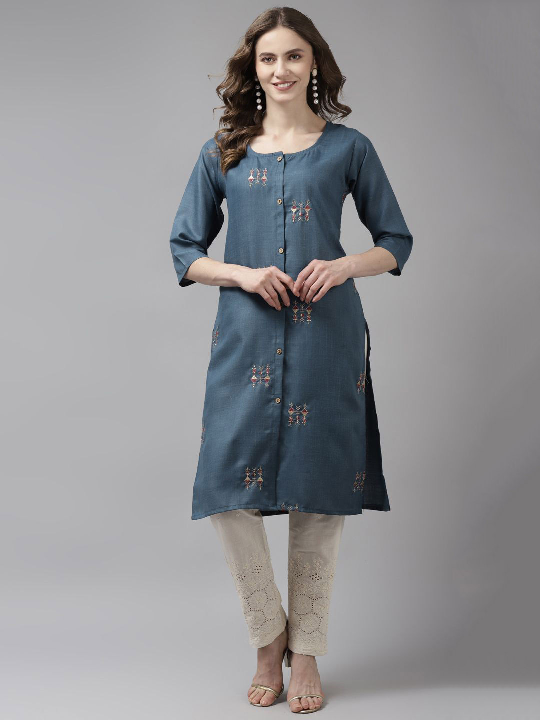 

BAESD Floral Embroidered Cotton Straight Kurta, Blue