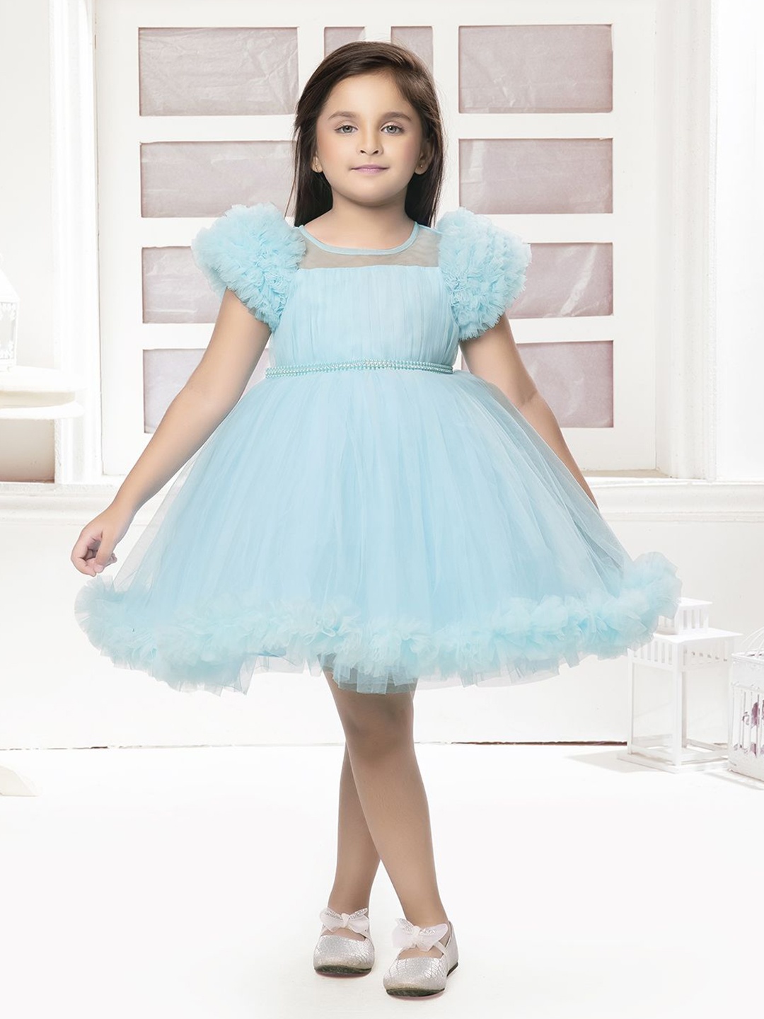 

Ministitch Girls Flutter Sleeve Net Fit & Flare Dress, Blue