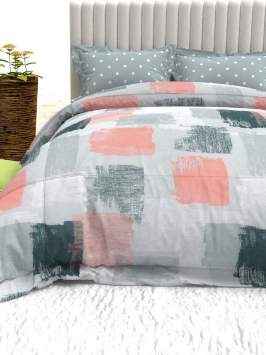 

THE WHITE MOSS Green & Pink Geometric 140 TC Queen Bedsheet with 2 Pillow Covers