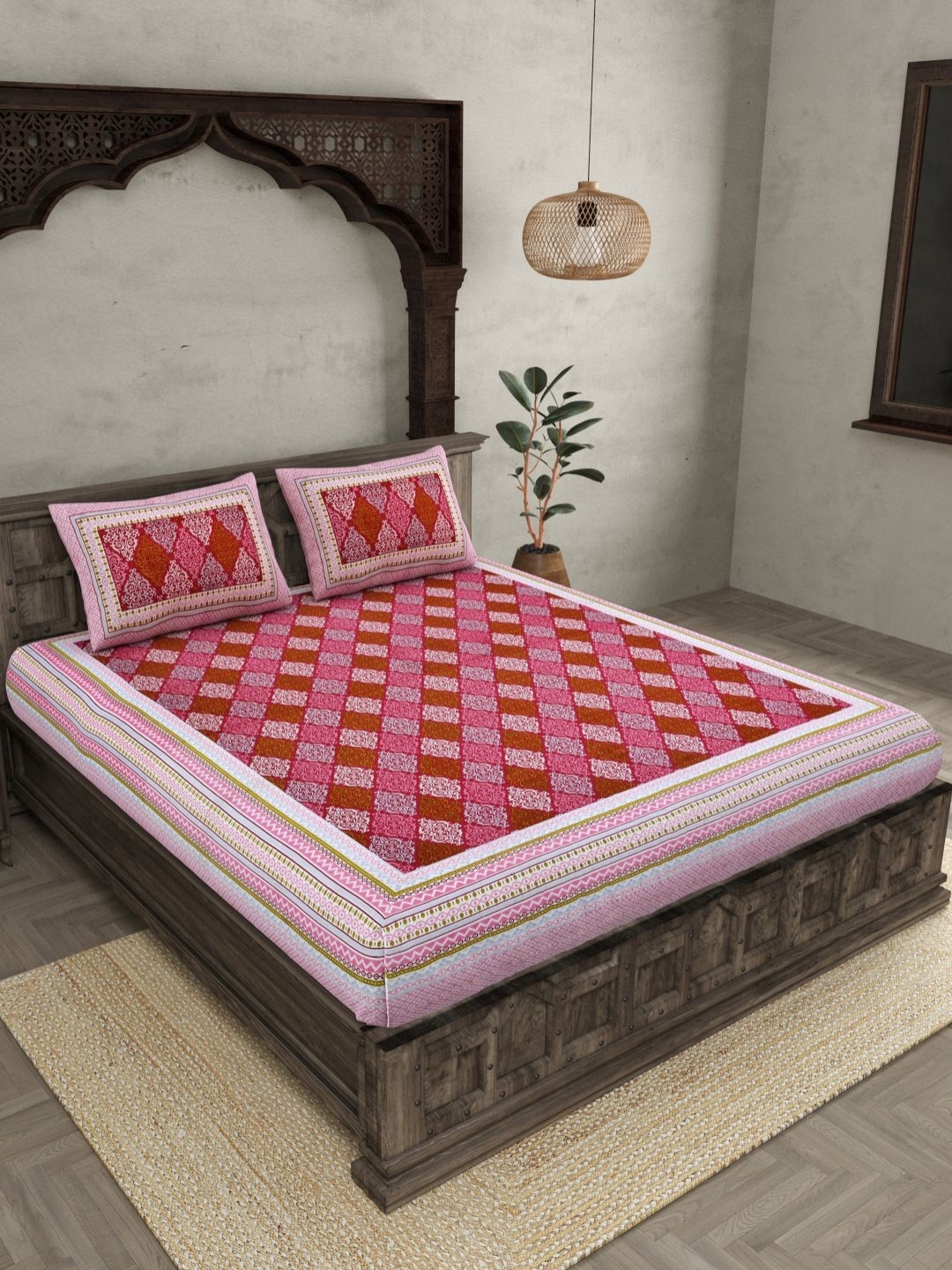 

JAIPUR FABRIC Pink Ethnic Motifs 144 TC Pure Cotton King Bedsheet with 2 Pillow Covers
