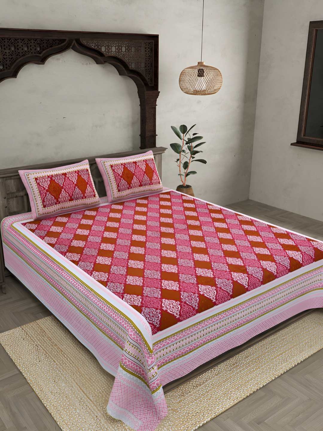 

BED-SHEET.COM Pink Pure Cotton Ethnic Motifs 144 TC King Bedsheet with 2 Pillow Covers