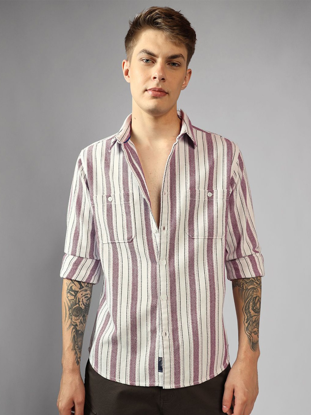 

Dennis Lingo Men Spread Collar Striped Cotton Relaxed Fit Casual Shirt, Maroon