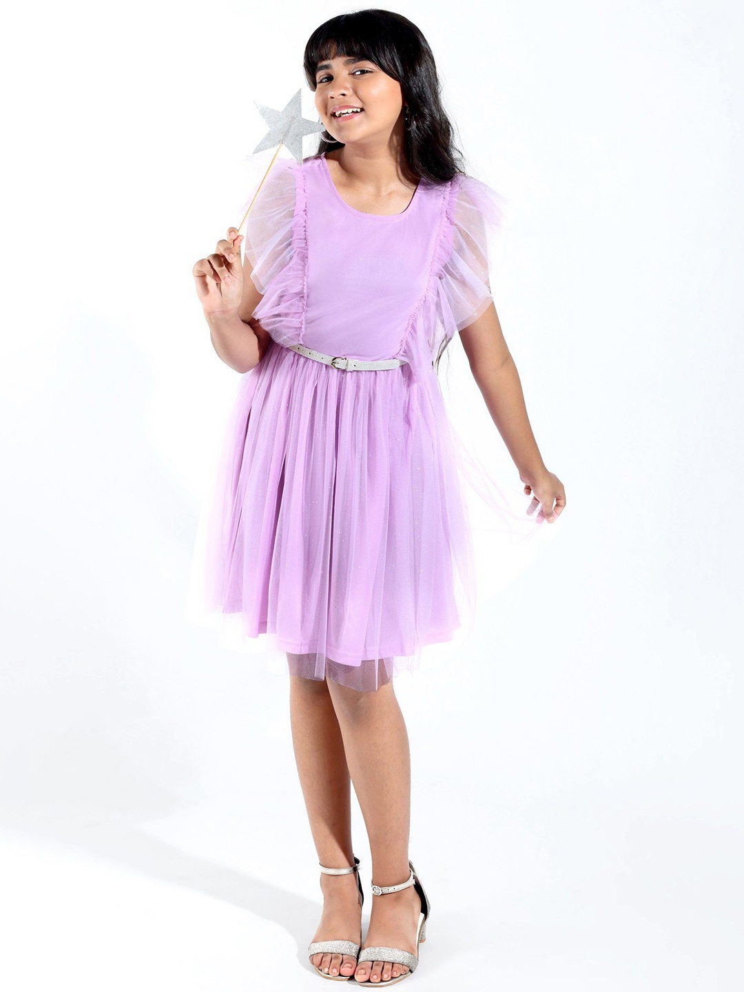 

Hola Bonita Girls Ruffle Detail Net Fit & Flare Dress With Belt, Lavender