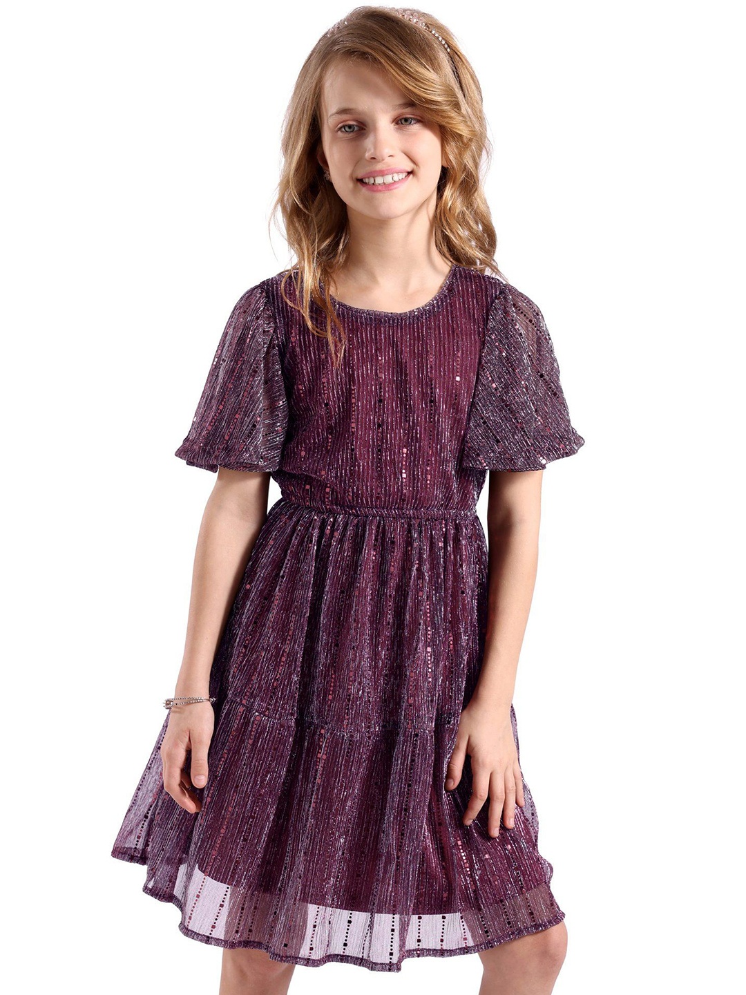 

Hola Bonita Girls Embellished Flutter Sleeves Net Tiered Fit & Flare Dress, Purple