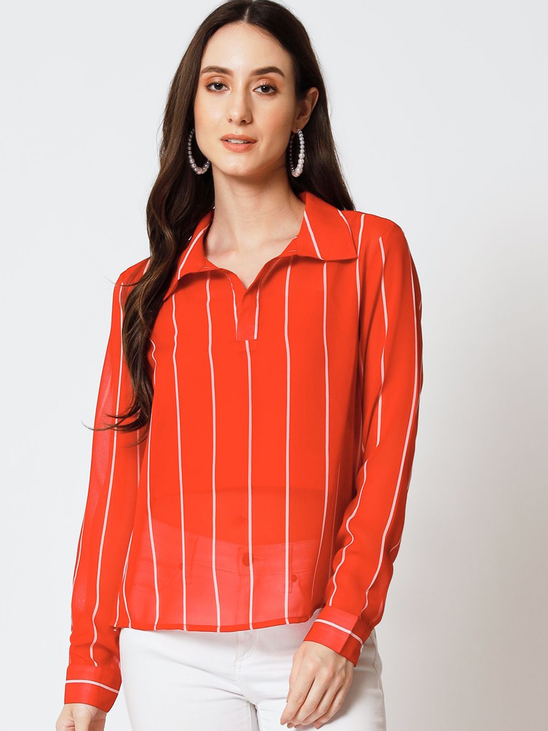 

Yaadleen Women Striped Shirt Collar Top, Red