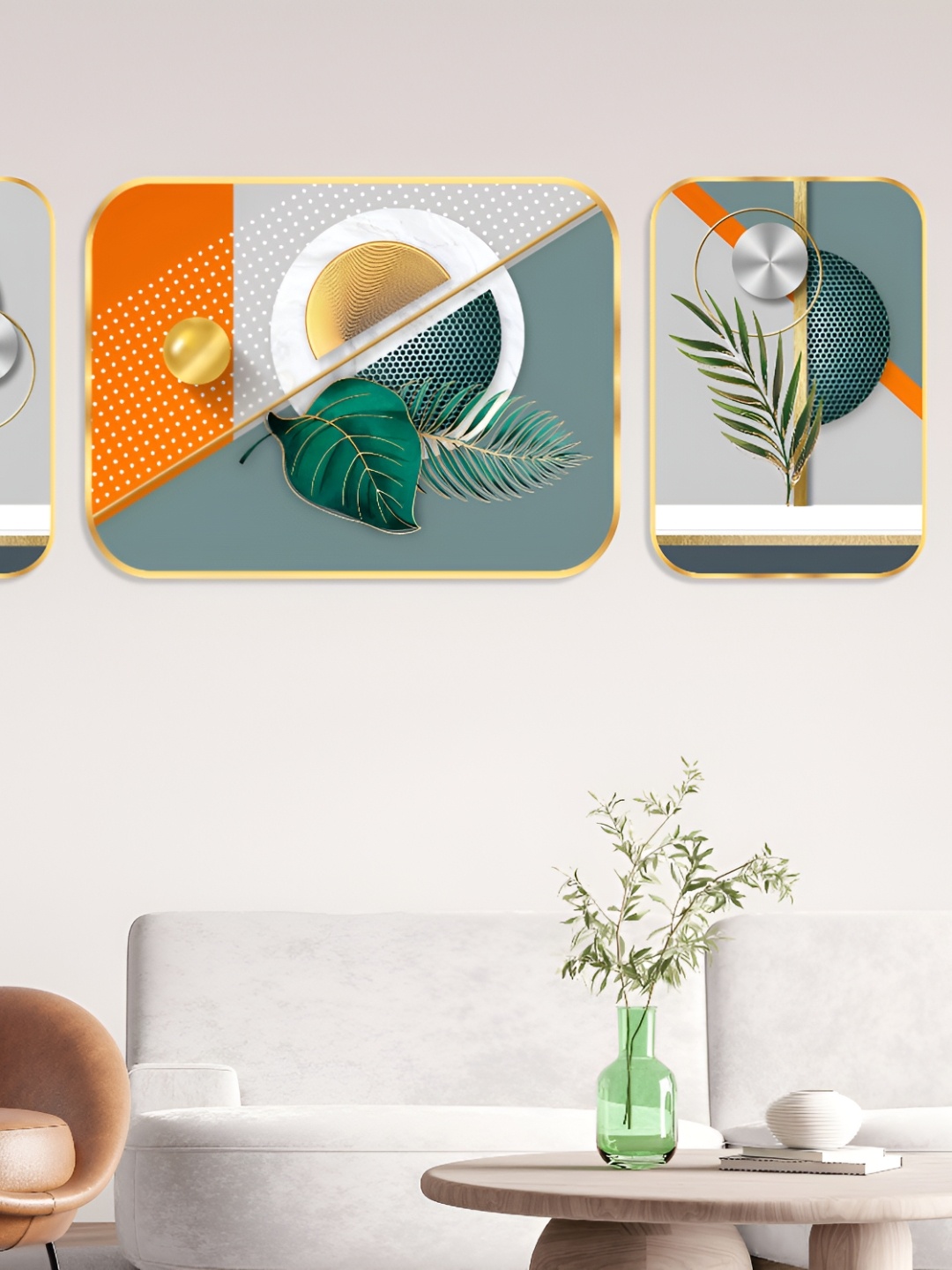 

SAF Grey & Orange 3 Piece Wood Abstract Wall Paintings