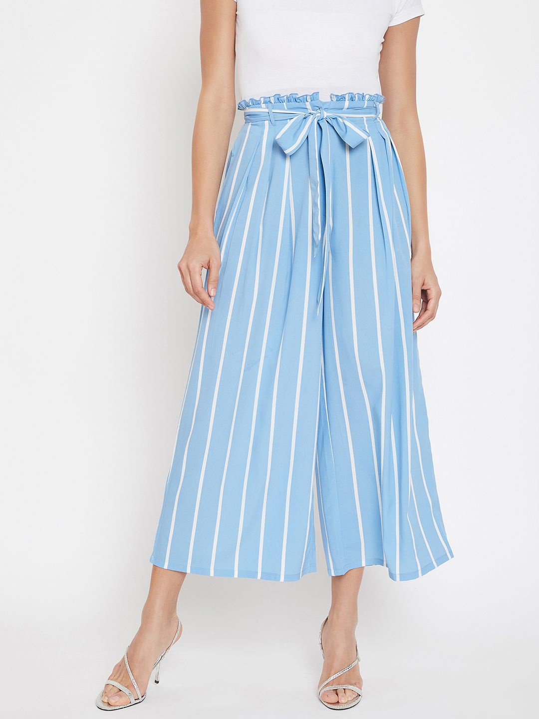 

La Zoire Women Striped Flared Crepe Palazzos, Blue