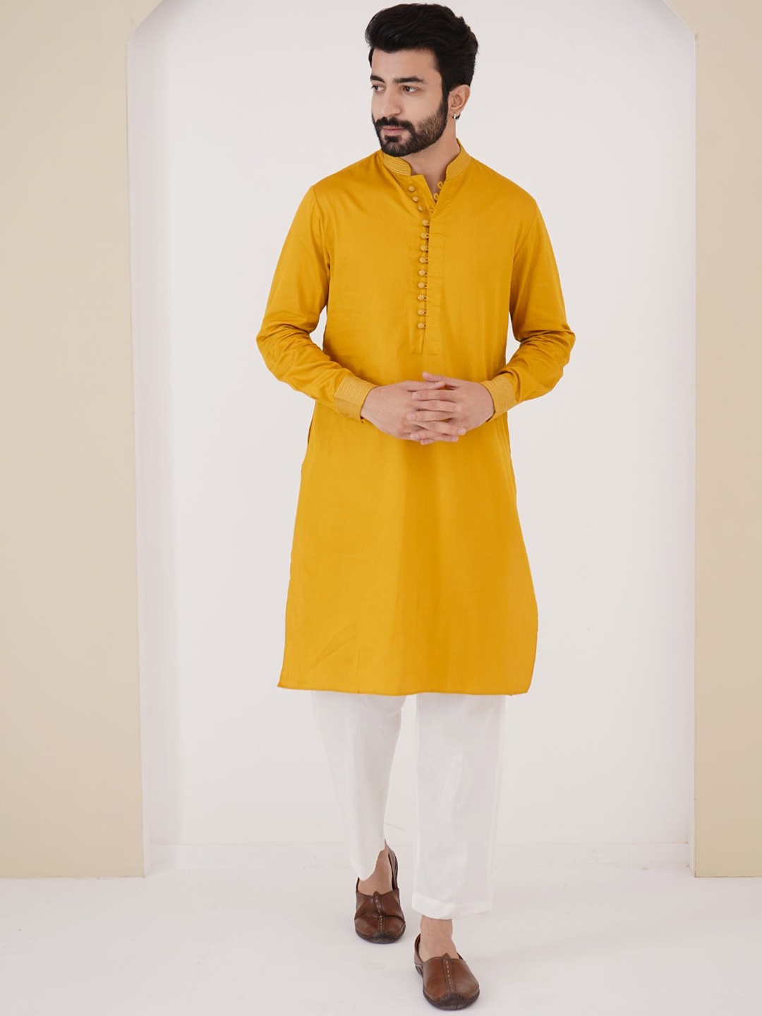 

NERO Mandarin Collar Cotton Straight Kurta, Mustard