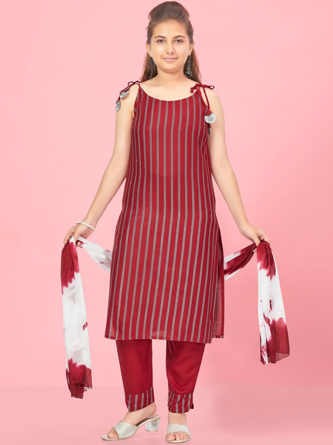 

BAESD Girls Striped Shoulder Straps Straight Kurta With Trouser & Dupatta, Maroon