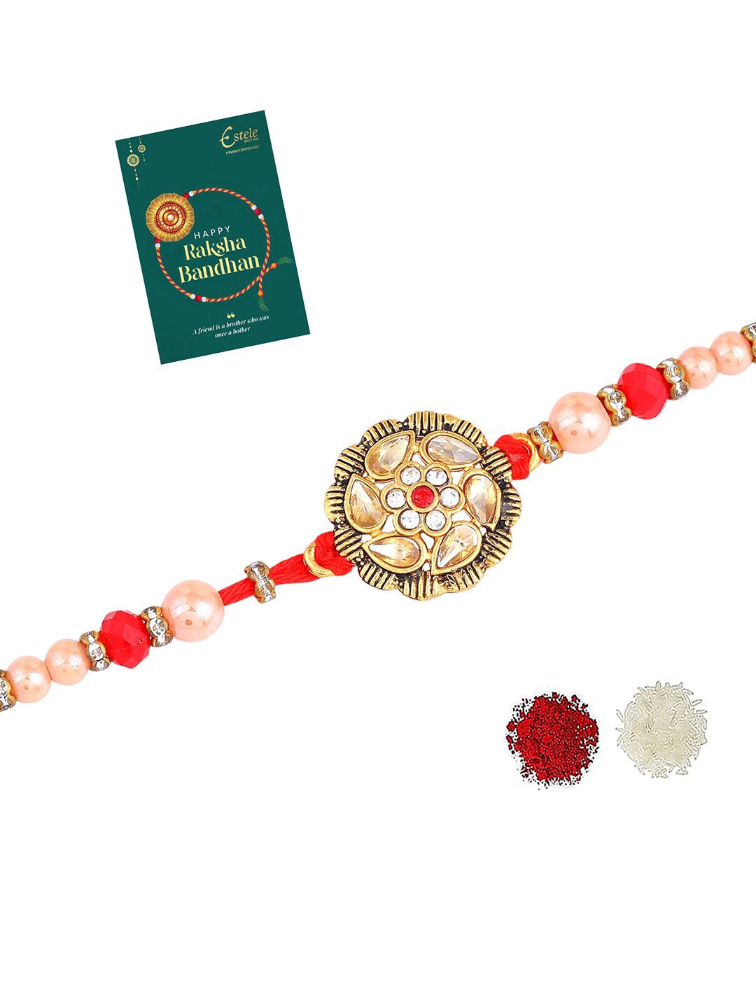 

Estele Gold Plated Stones Studded & Beaded Rakhi With Roli Chawal & Greeting Card