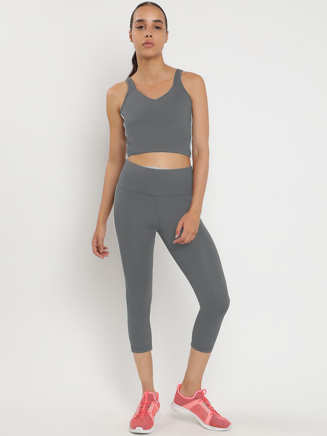 

Wearjukebox V Neck Sleevesless Sports Top With Tights, Grey