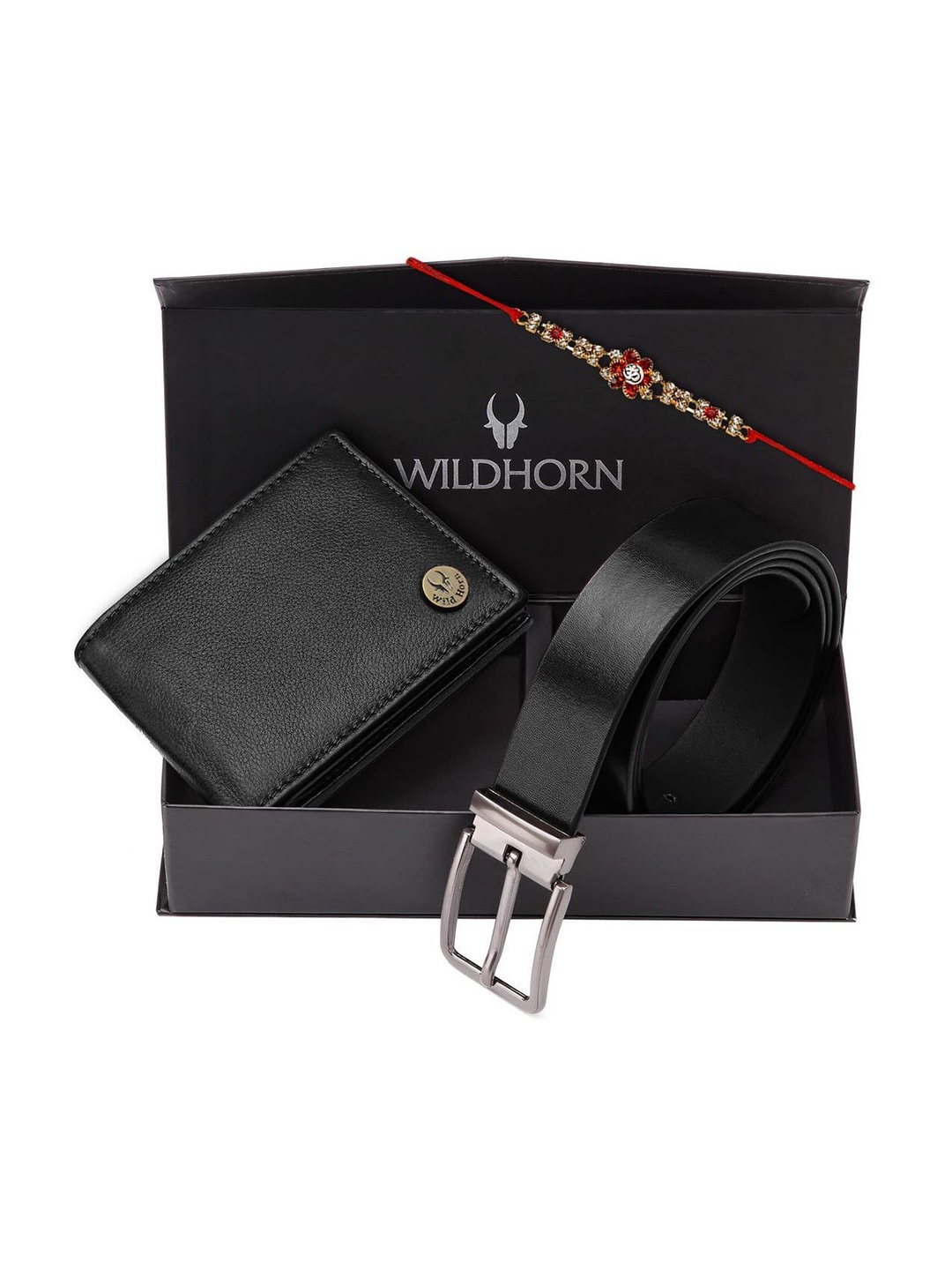 

WildHorn Men Accessory Gift Set Of Wallet and Belt & Rakhi, Black