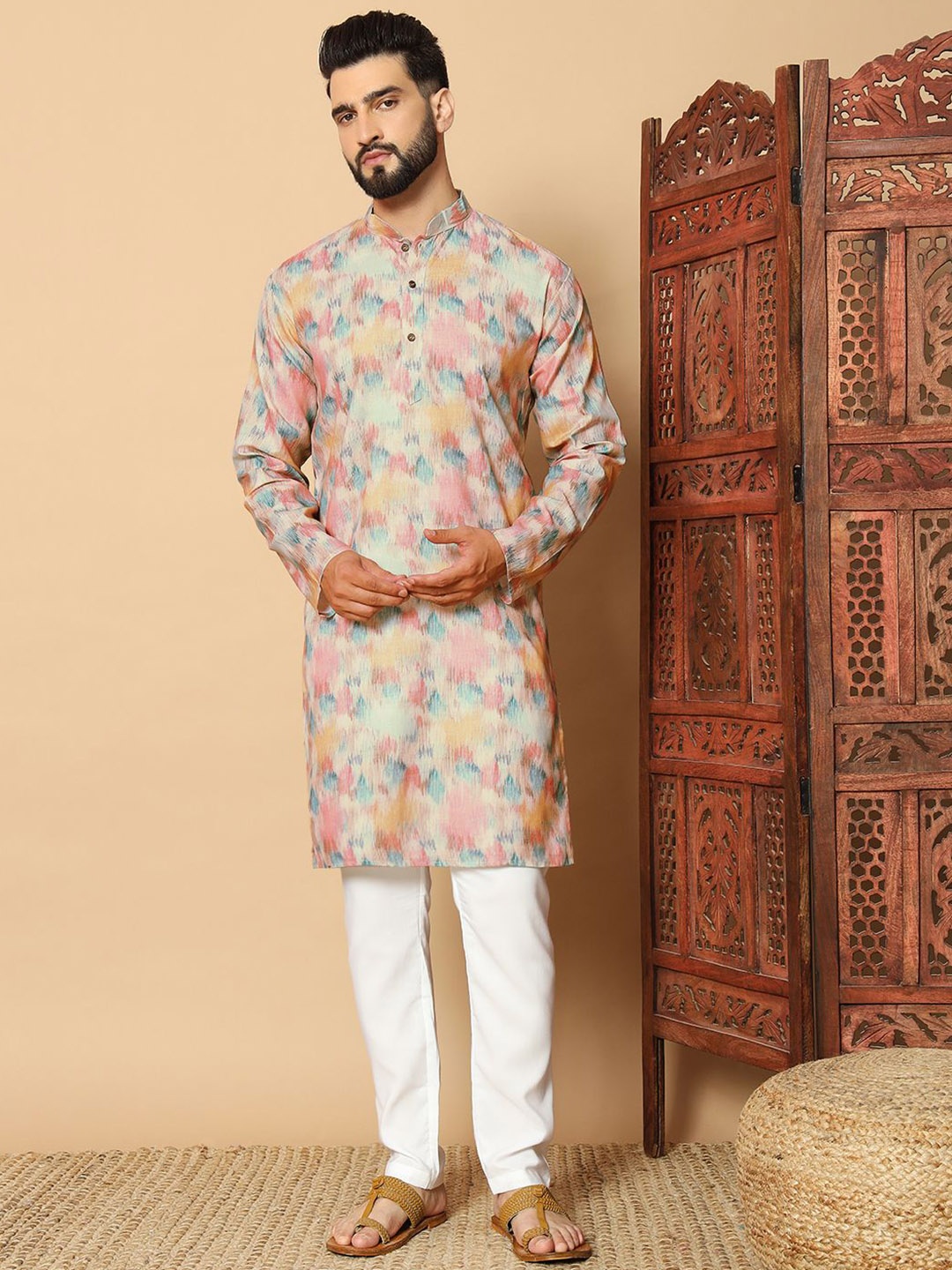 

FoxDX Abstract Printed Mandarin Collar Pure Cotton Straight Kurta, Sea green