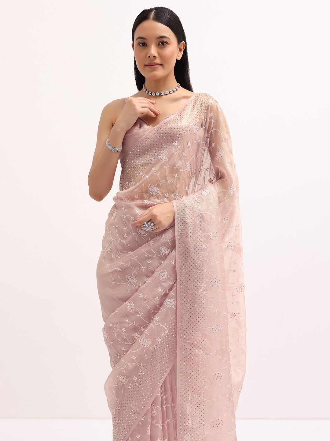 

KALKI Fashion Embellished Beads and Stones Embroidered Tissue Saree, Pink