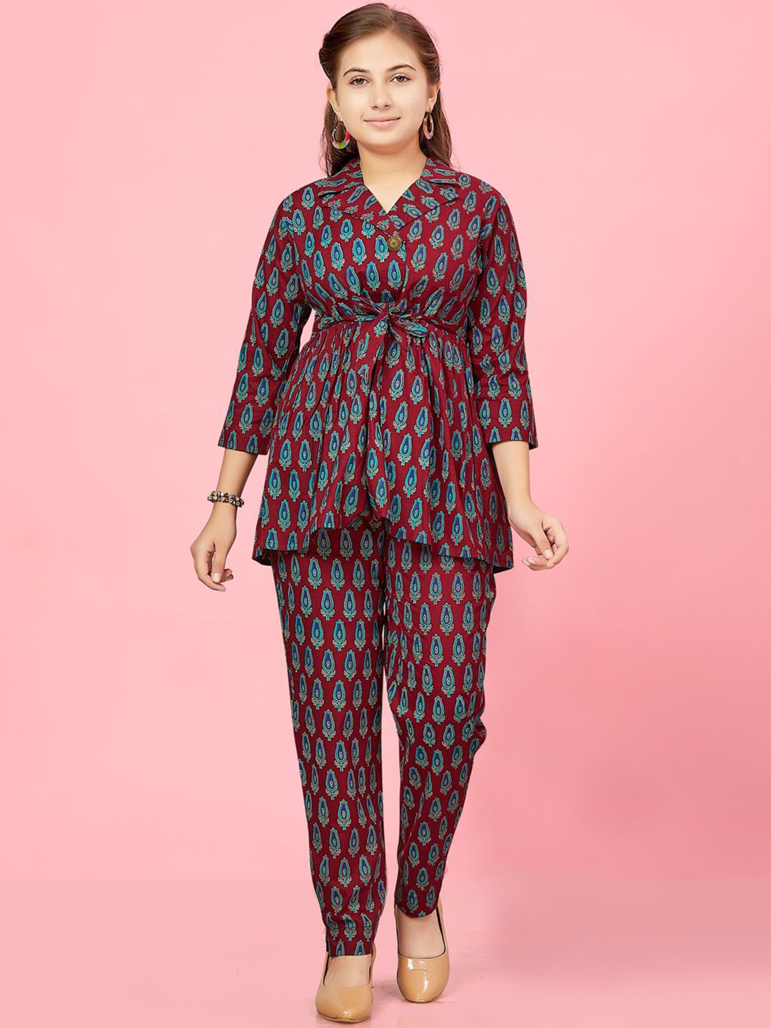 

BAESD Girls Ethinic Motifs Printed Lapel Collar Clothing Set, Maroon