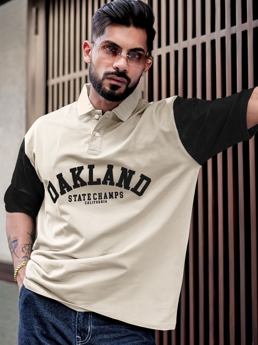 

Maniac Men Typography Printed Polo Collar Cotton Oversized T-Shirt, Beige