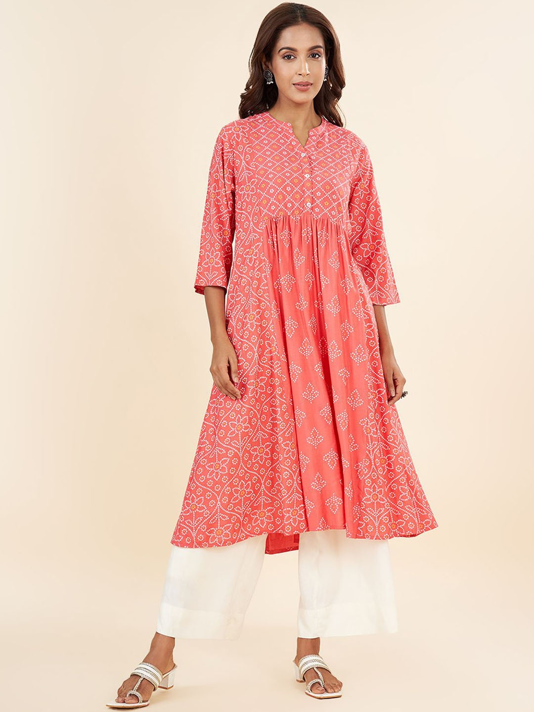 

RANGMANCH BY PANTALOONS Bandhani Printed Mandarin Collar Anarkali Kurta, Coral