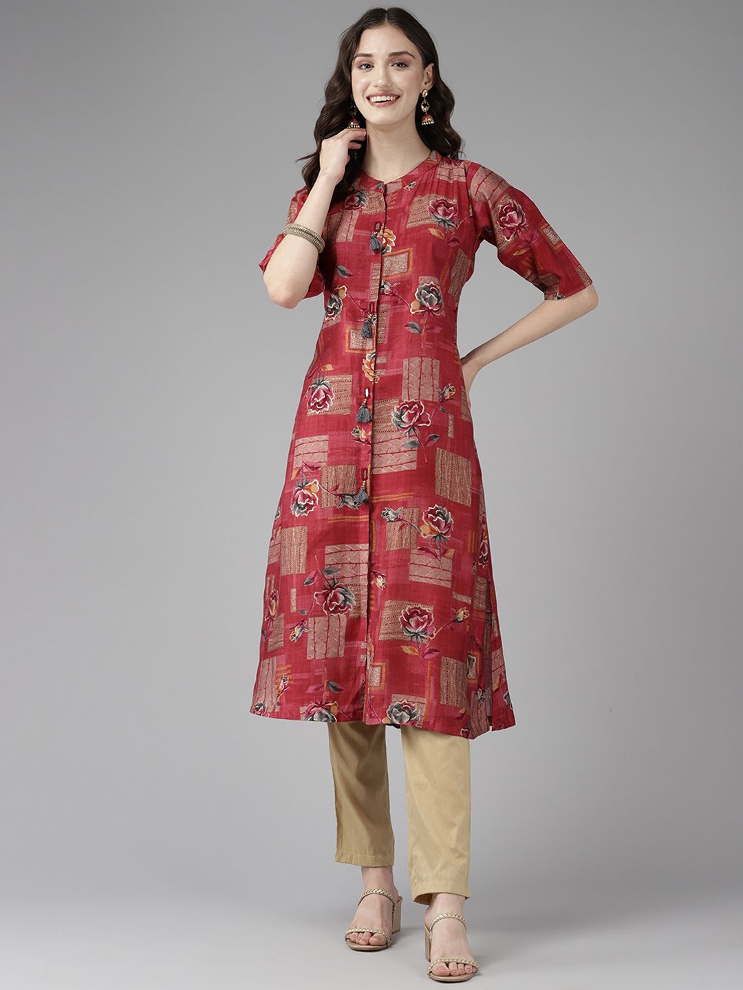 

BAESD Floral Printed Mandarin Collar Cotton Straight Kurta, Red