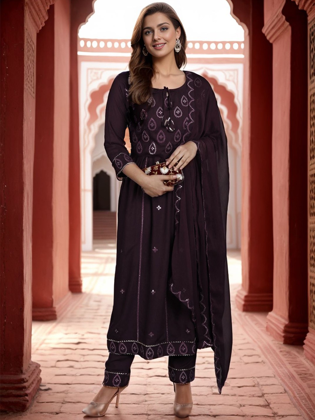 

KALINI Embroidered Tie-Up Neck Mirror Work Anarkali Kurta With Trousers & Dupatta, Brown