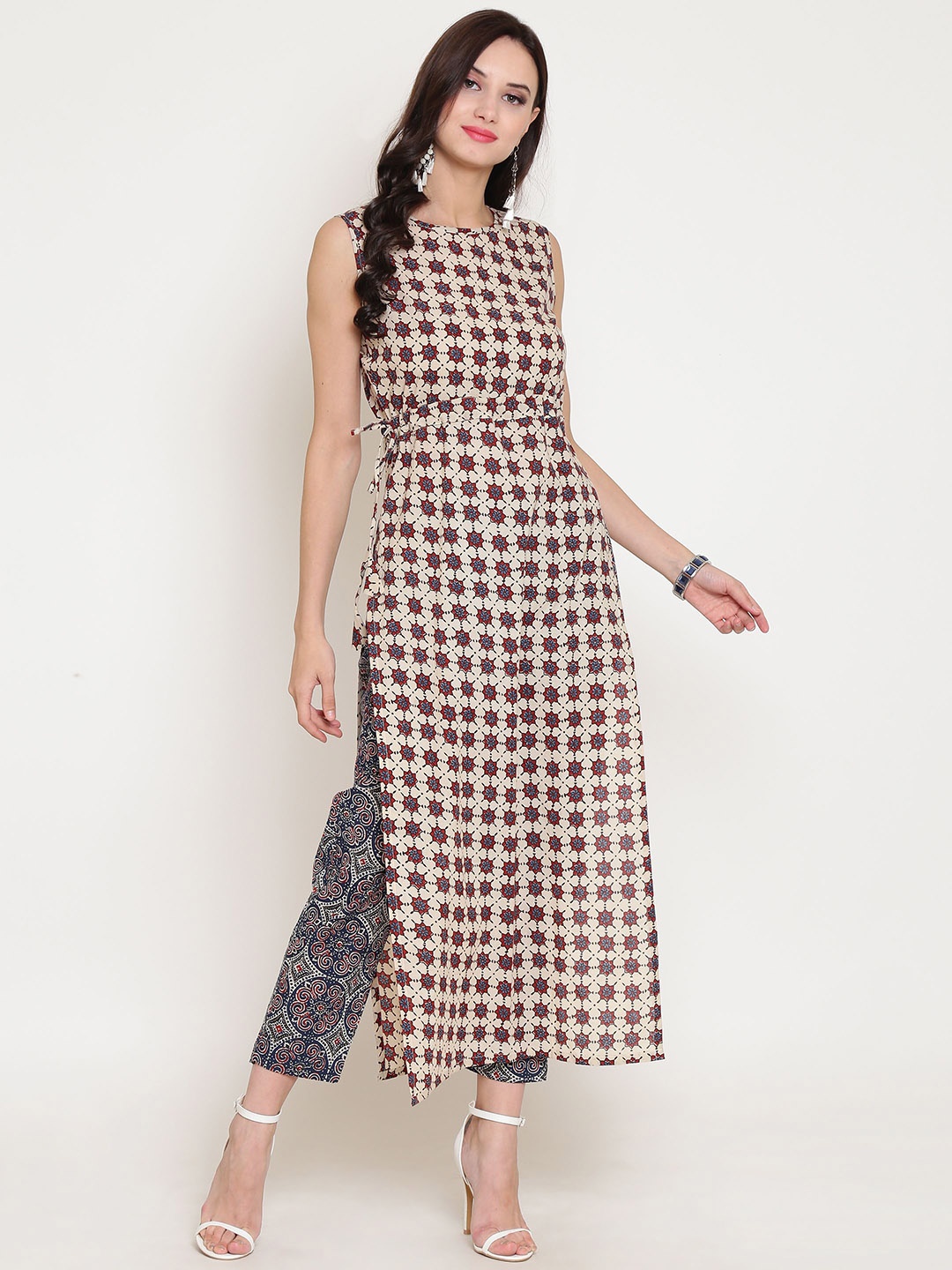 

Sera Ethnic Motifs Printed Cotton High Slit Straight Kurta, Off white