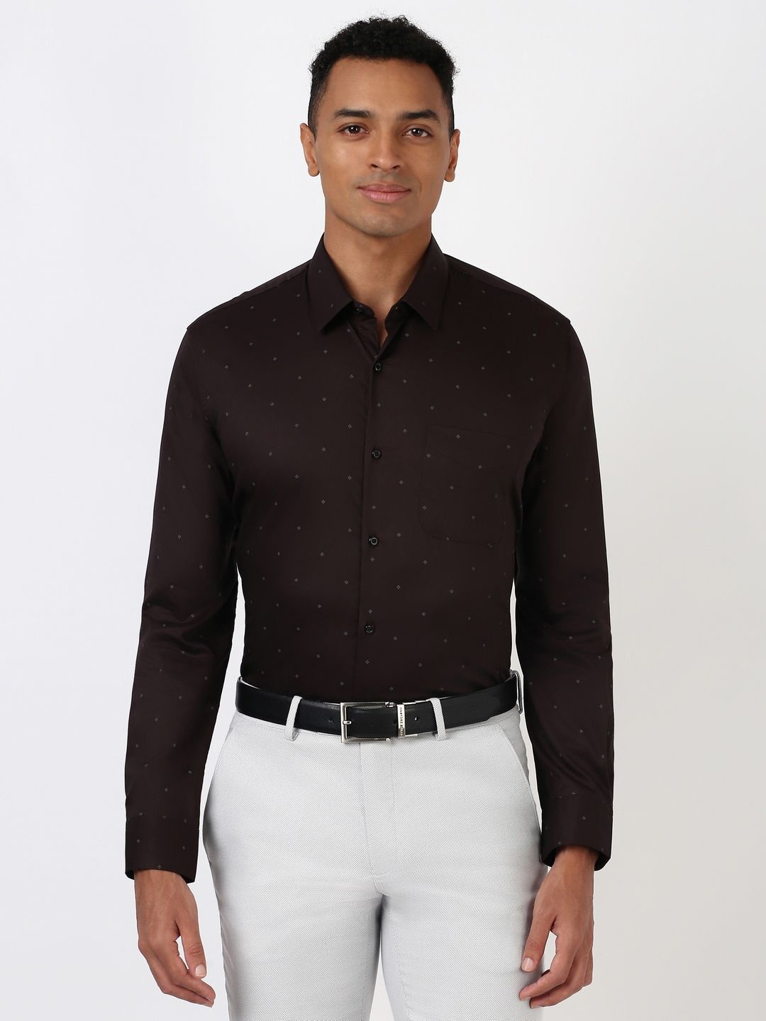 

Peter England Men Spread Collar Micro Ditsy Printed Cotton Formal Shirt, Brown