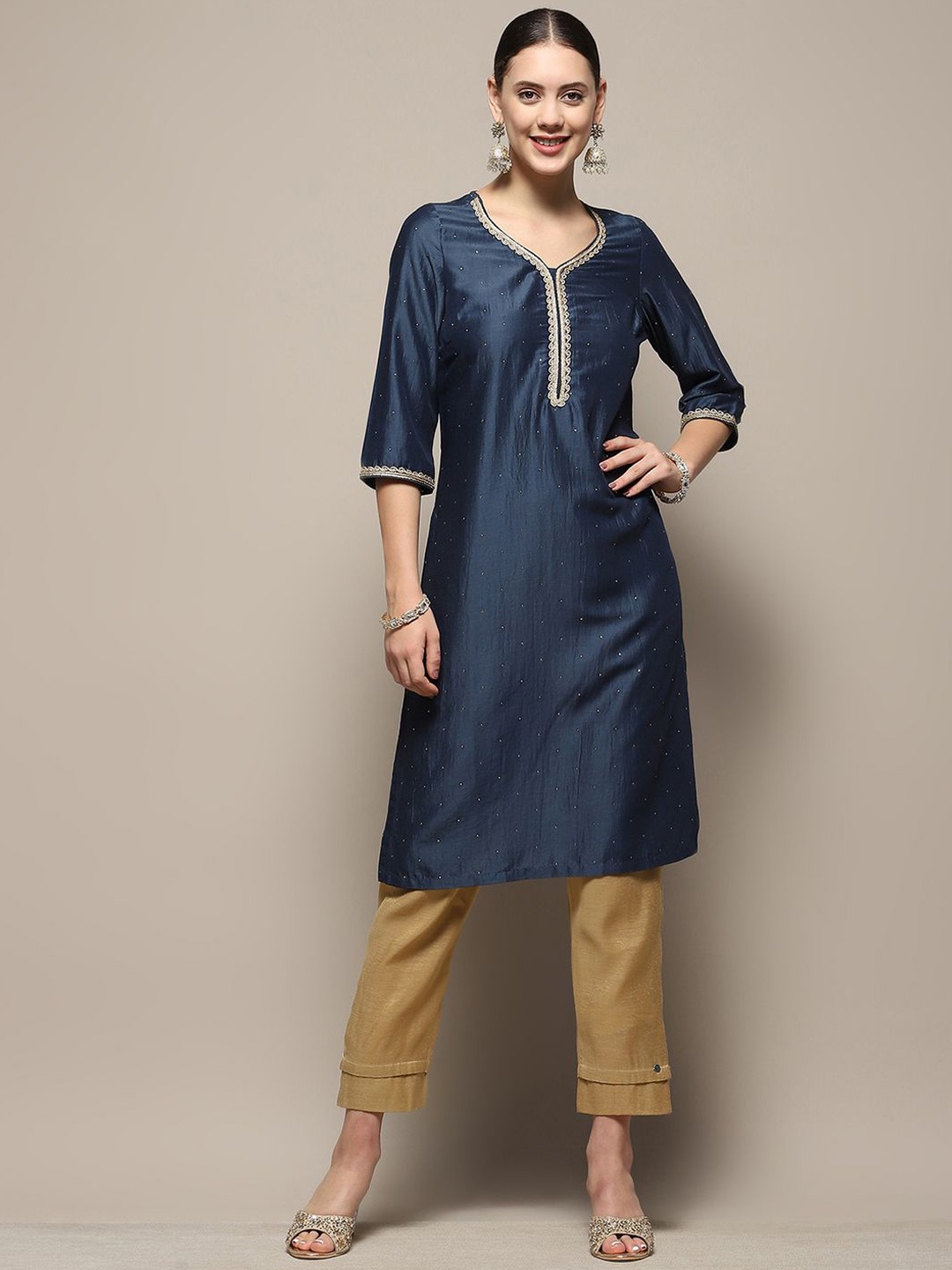 

Biba V-Neck Beaded Straight Kurta, Blue
