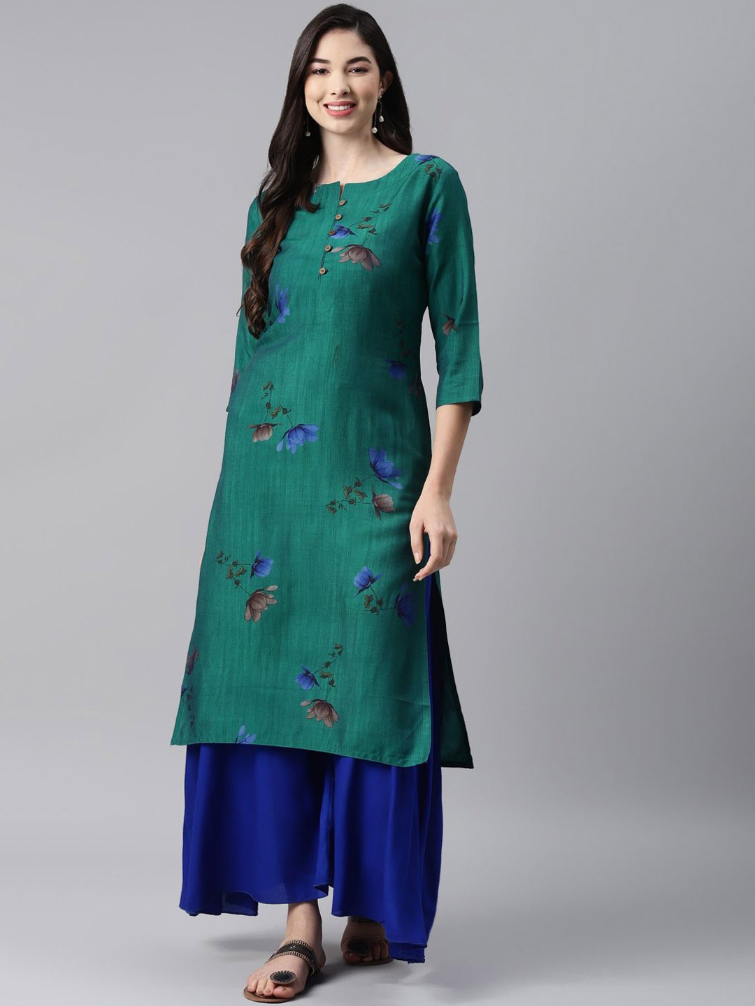 

BAESD Floral Printed Round Neck Pure Cotton Straight Kurta, Green