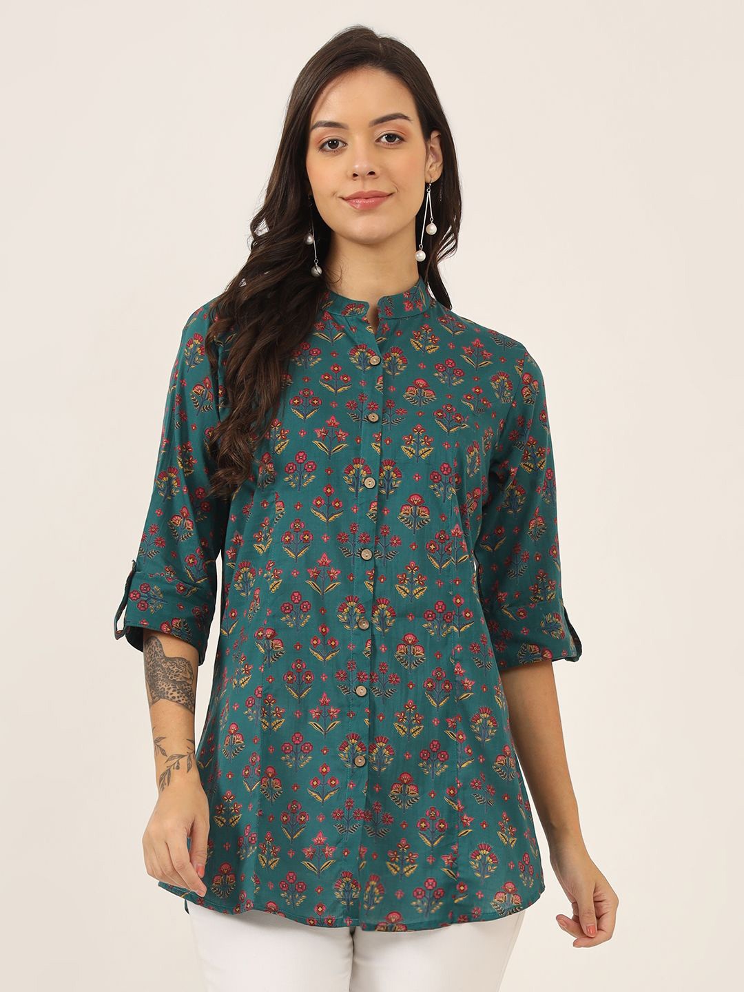 

KALINI Women Floral Printed Mandarin Collar Cotton Top, Green