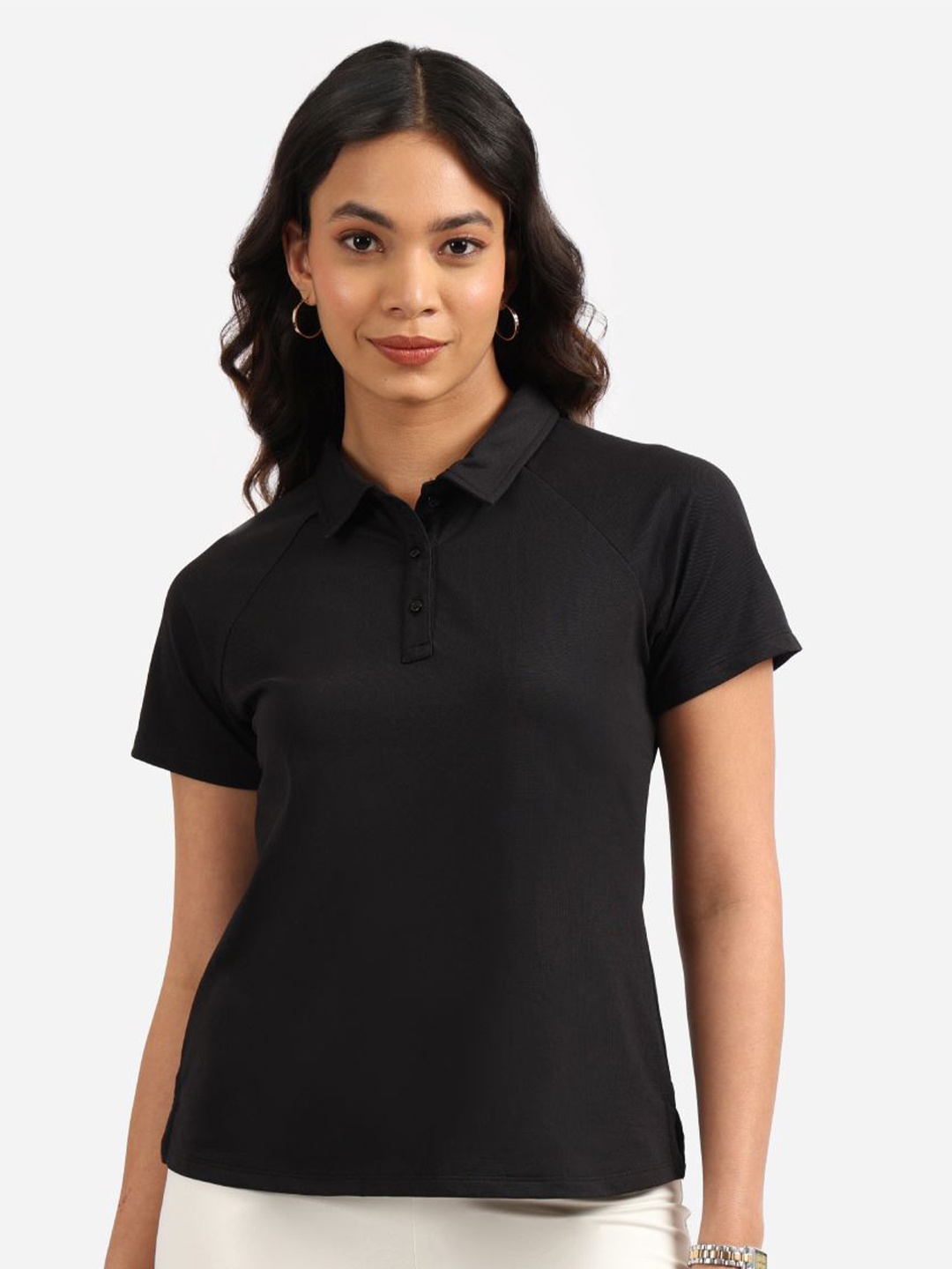 

Blissclub Women Polo Collar Applique T-shirt, Black