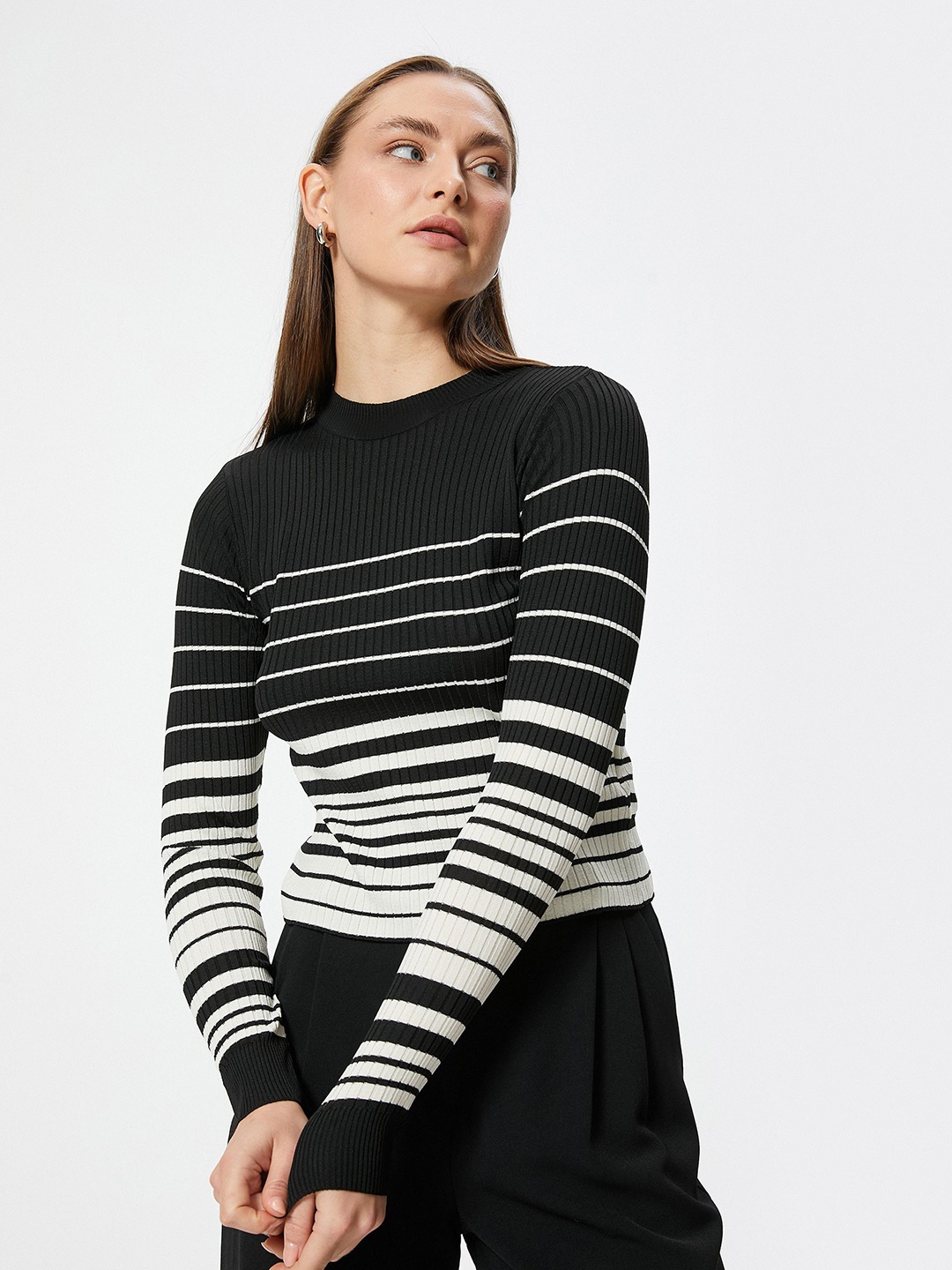 

Koton Women Striped Pullover, Black