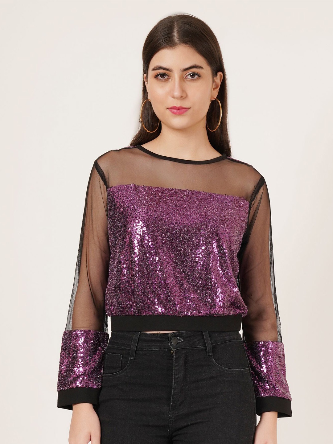 

Karmic Vision Women Embellished Round Neck Top, Purple