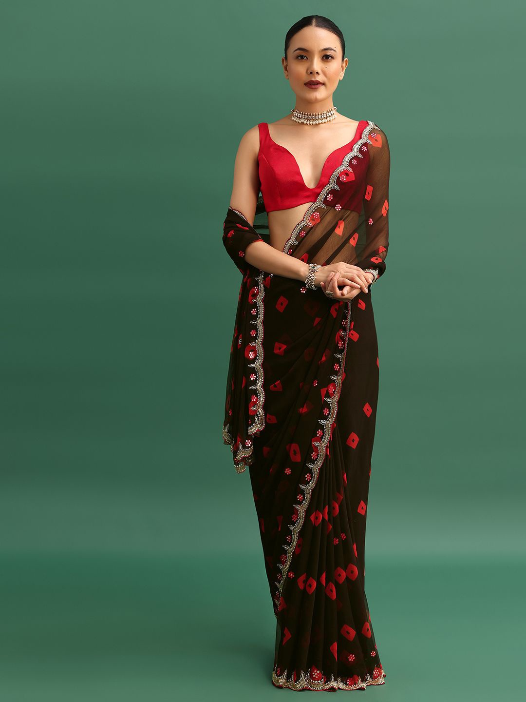 

KALKI Fashion Embroidered Pure Chiffon Bandhani Saree, Black