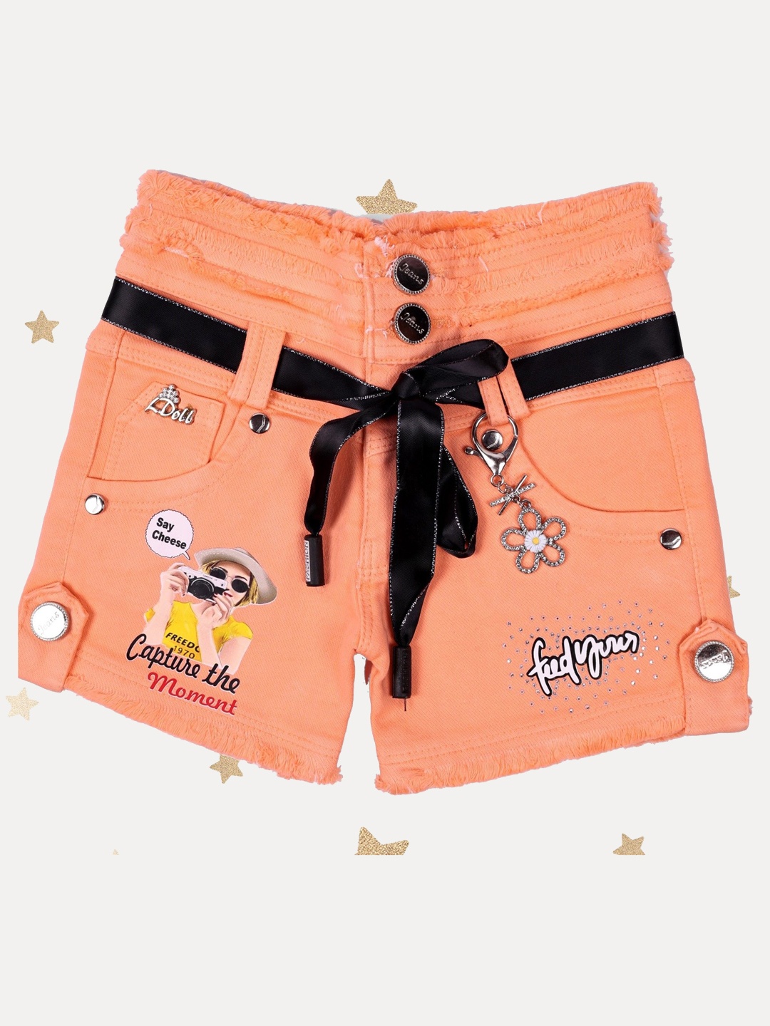 

Arshia Fashions Girls Printed Slim Fit High-Rise Denim Shorts, Orange
