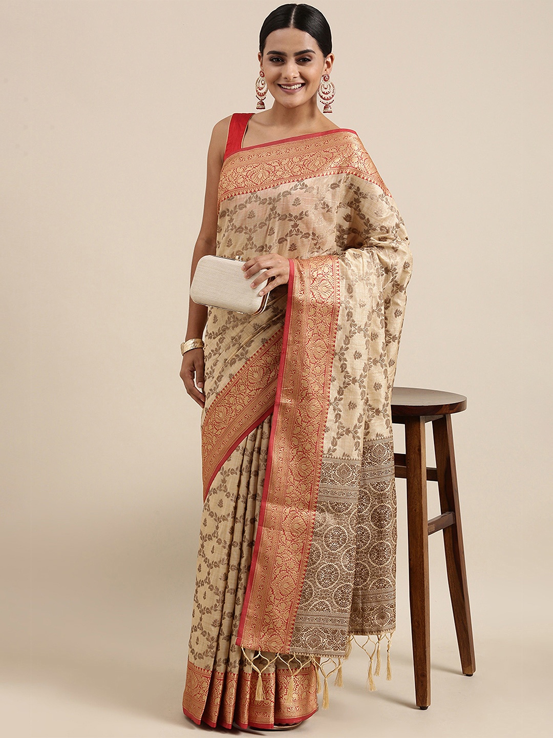 

Jinal & Jinal Woven Design Zari Silk Cotton Chanderi Saree, Beige
