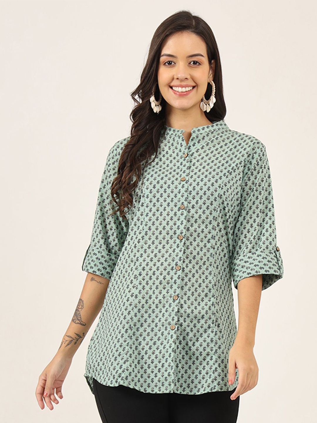 

KALINI Women Abstract Printed Mandarin Collar Cotton Top, Green