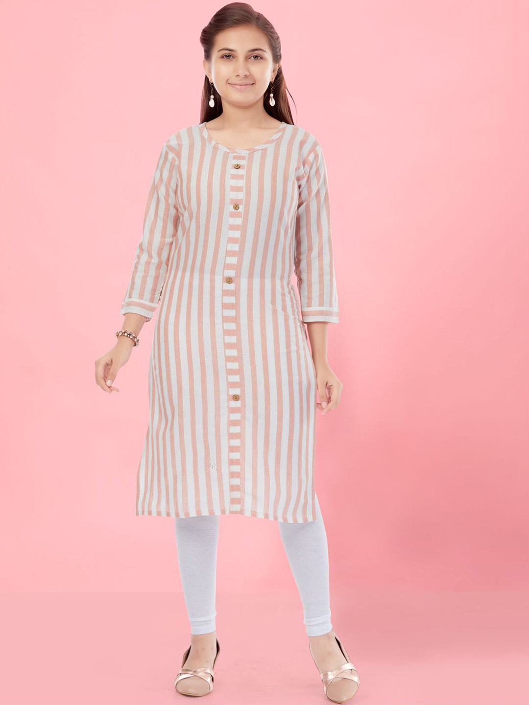 

BAESD Girls Striped Round Neck Pure Cotton Straight Kurta, Peach