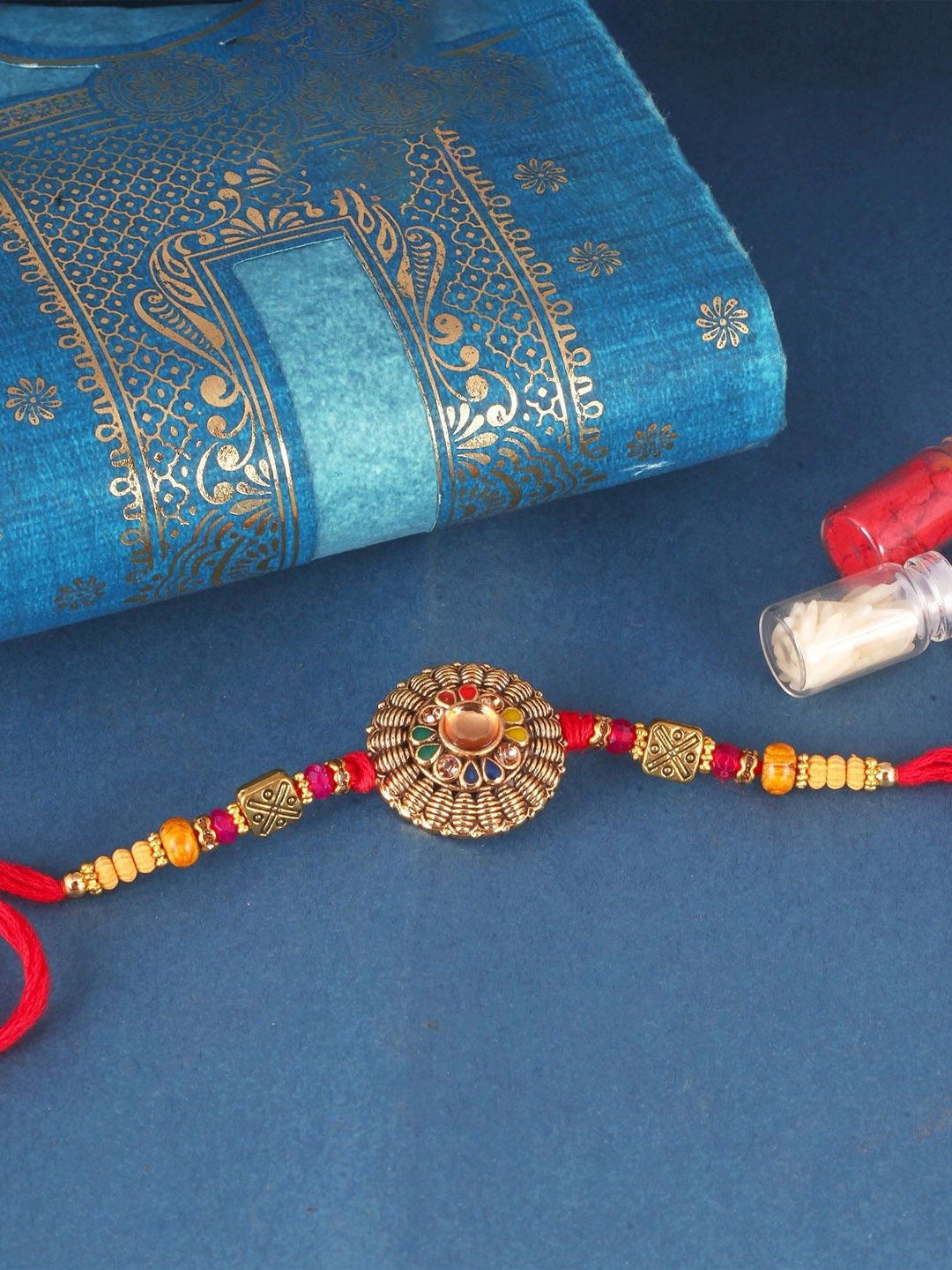 

Vighnaharta Set of 4 Religious Stones Studded & Pearls Thread Rakhis, Red