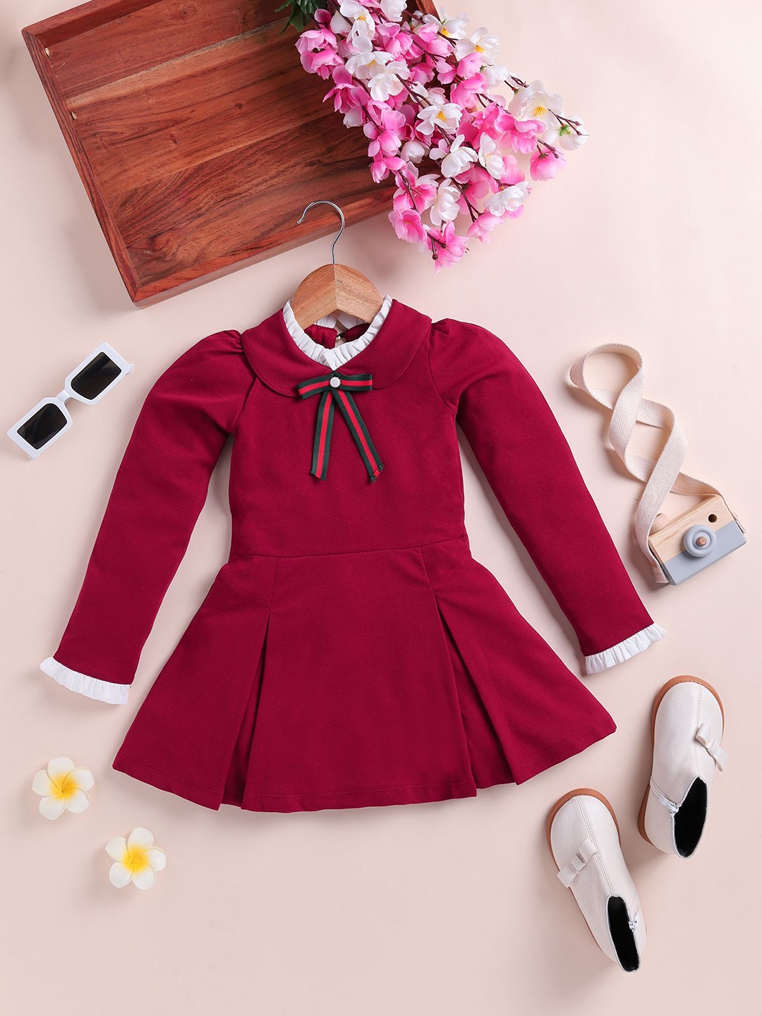 

YK Girls Peter Pan Collar Puff Sleeves Cotton Fit & Flare Dress, Maroon