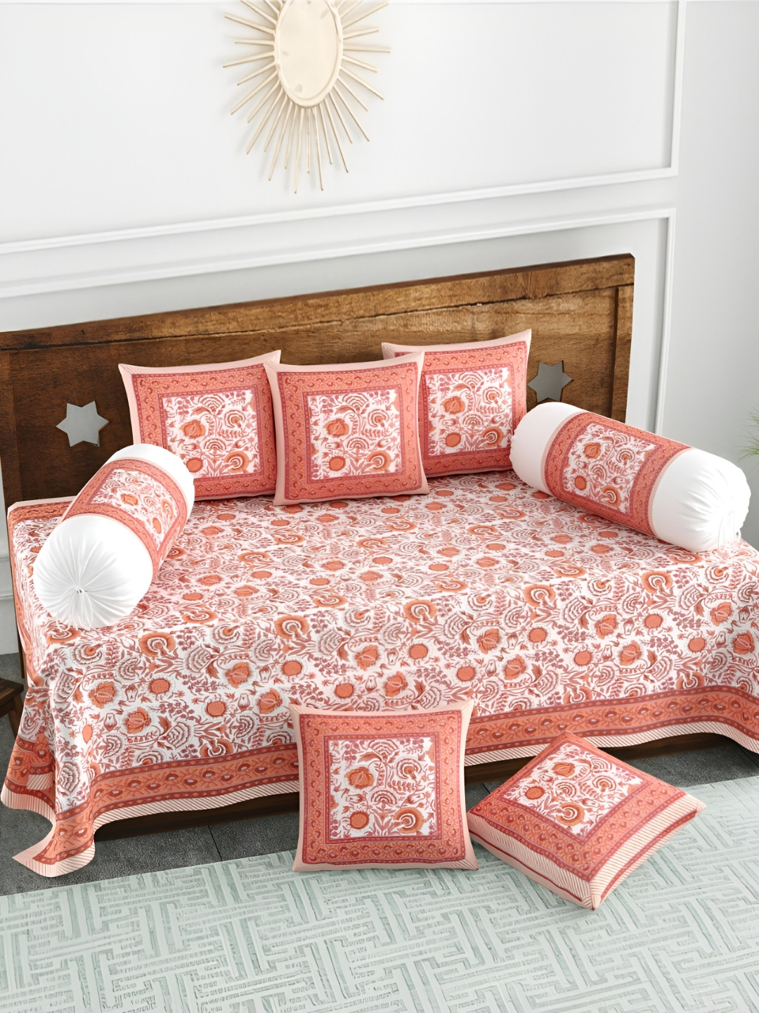 

The Craft Monk Brown & White 8 Pieces Floral Printed Pure Cotton Diwan Set