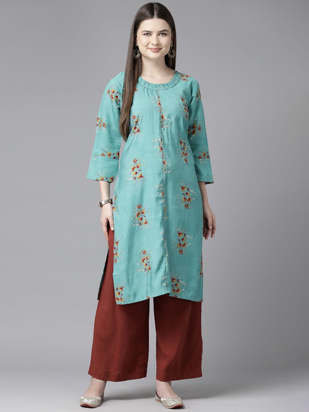 

BAESD Floral Printed Mandarin Collar Sequins Straight Kurta, Turquoise blue