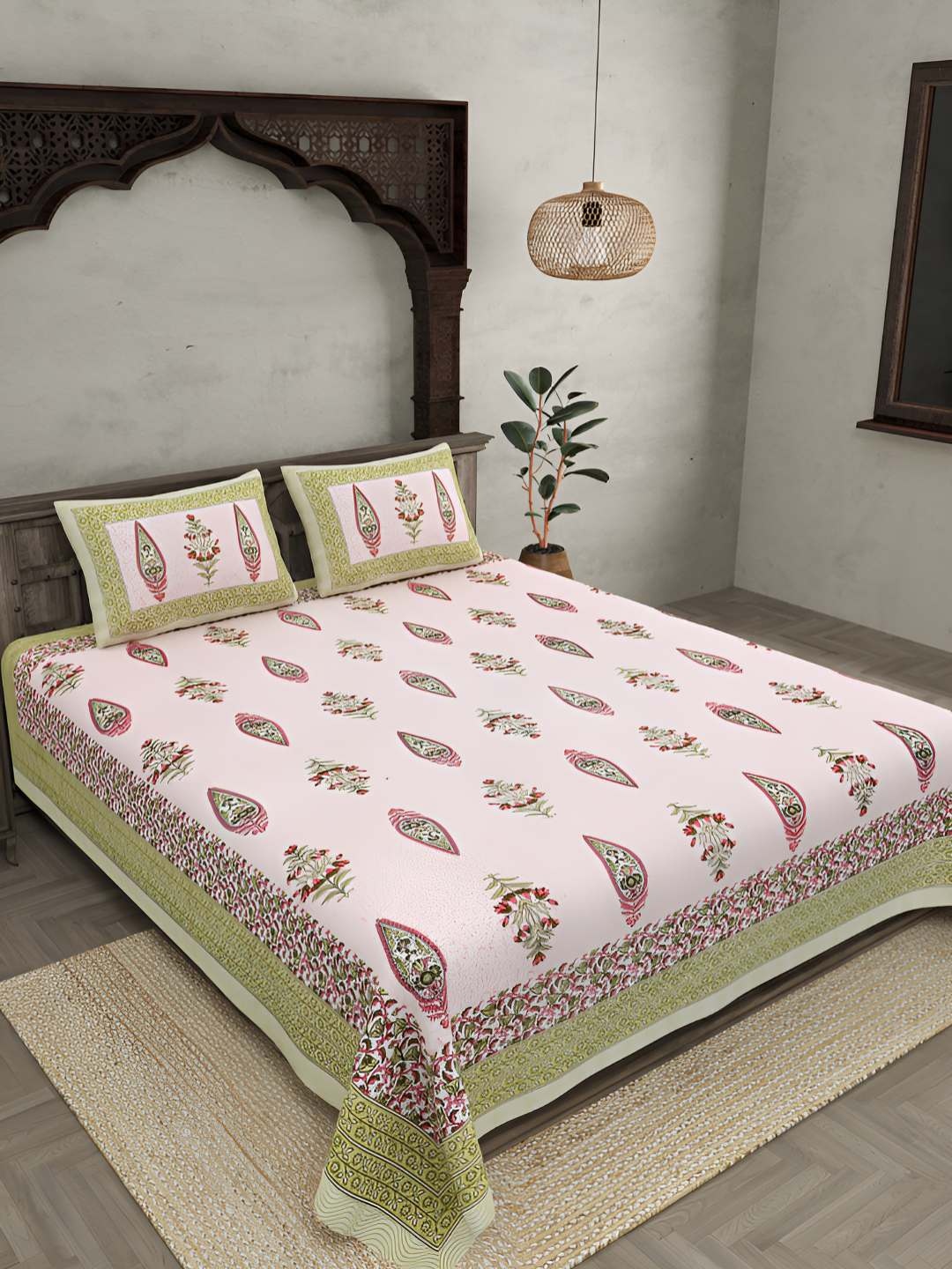 

BED-SHEET.COM Green & White Pure Cotton Floral 144 TC King Bedsheet with 2 Pillow Covers