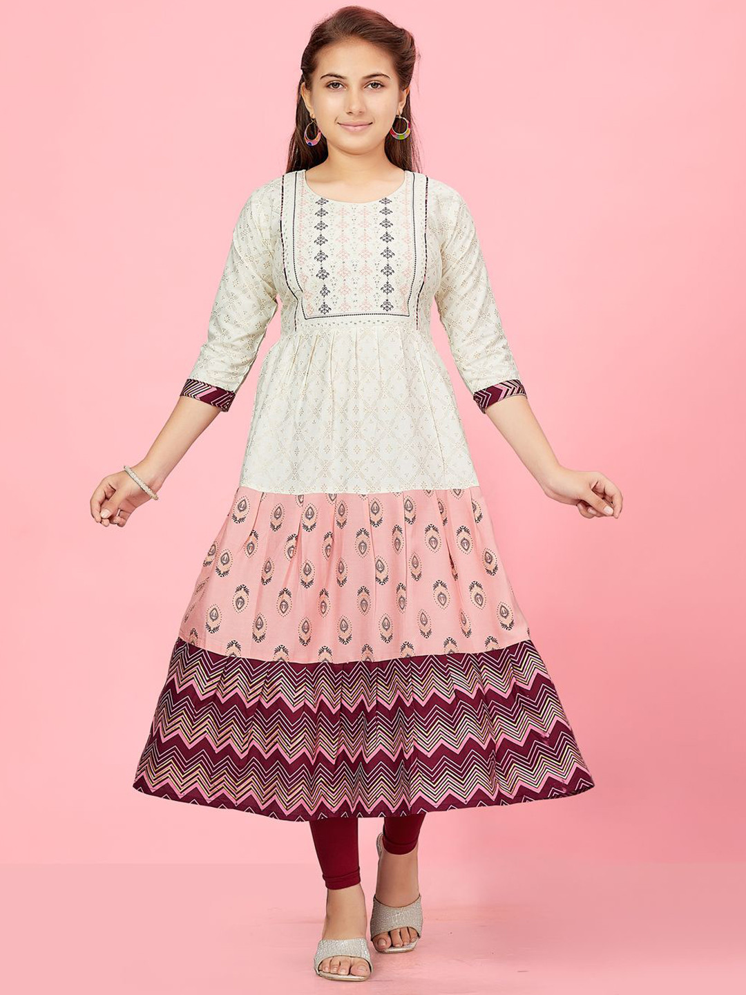 

BAESD Girls Ethnic Motifs Printed Sequinned Cotton Anarkali Kurta, Cream