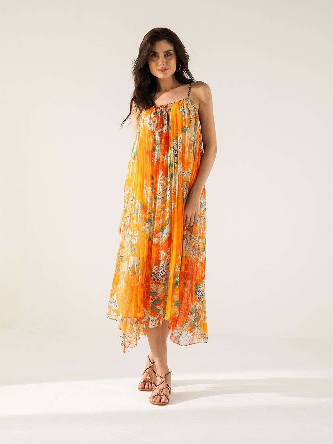 

REENA SHARMA Floral Print Chiffon A-Line Midi Dress, Orange