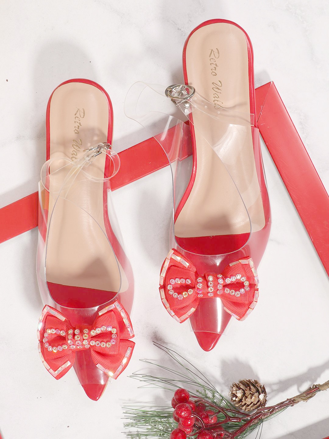

Retro Walk Embellished Slingback Block Mules with Bows, Red