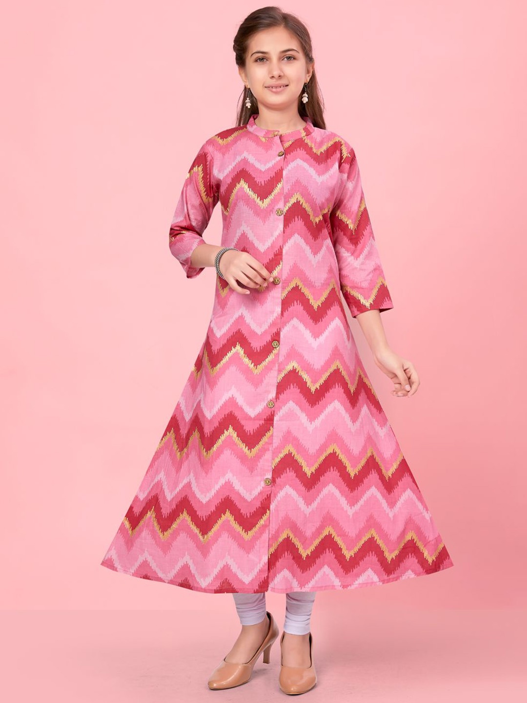 

BAESD Girls Chevron Printed Mandarin Collar Regular Cotton A-Line Kurta, Pink