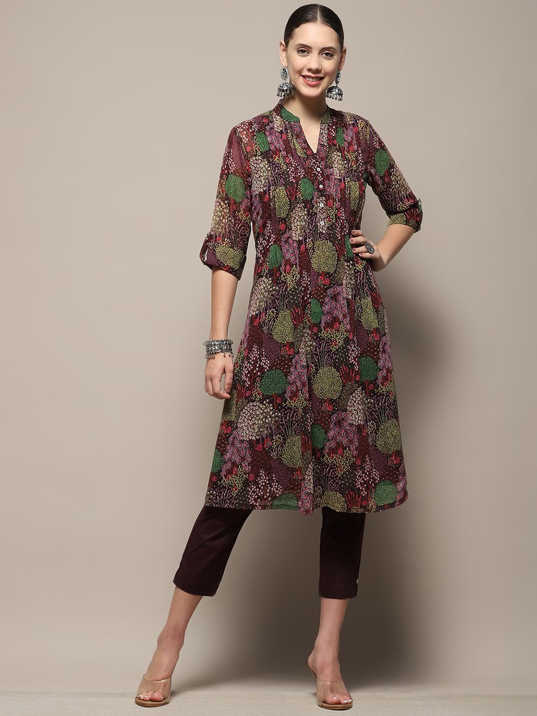 

Biba Floral Printed Roll-Up Sleeves Georgette Straight Kurta, Pink